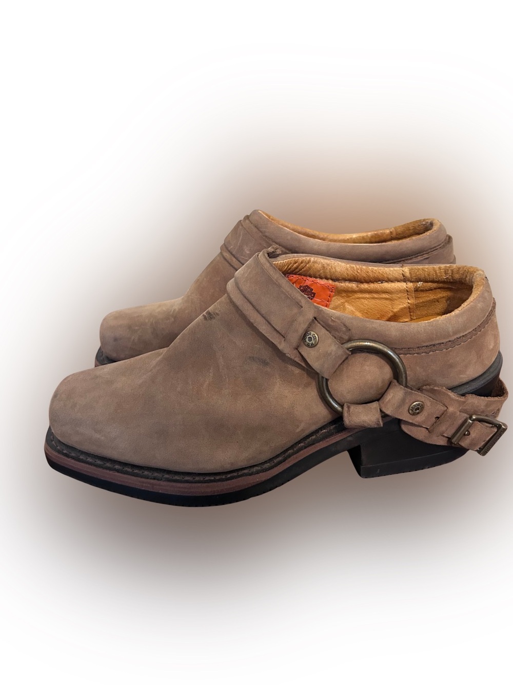 ❤️MAKE OFFER❤️ Harley-Davidson Brown Leather Moto Harness Mules Square SZ 7.5
